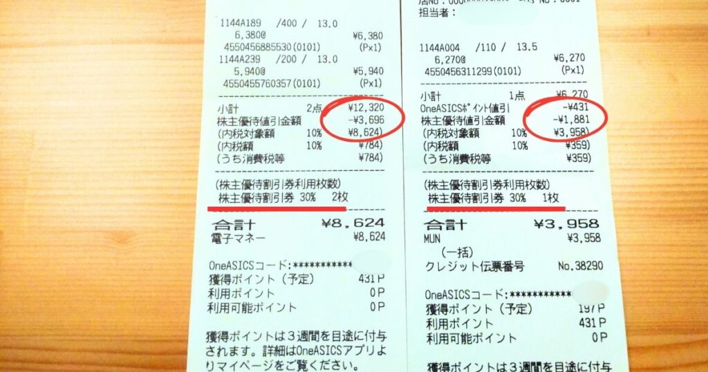 株主優待の30%割引が適用されたレシートです。