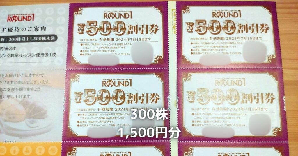 ラウンドワンの株主優待冊子です。クラブ会員券と500円の金券です。