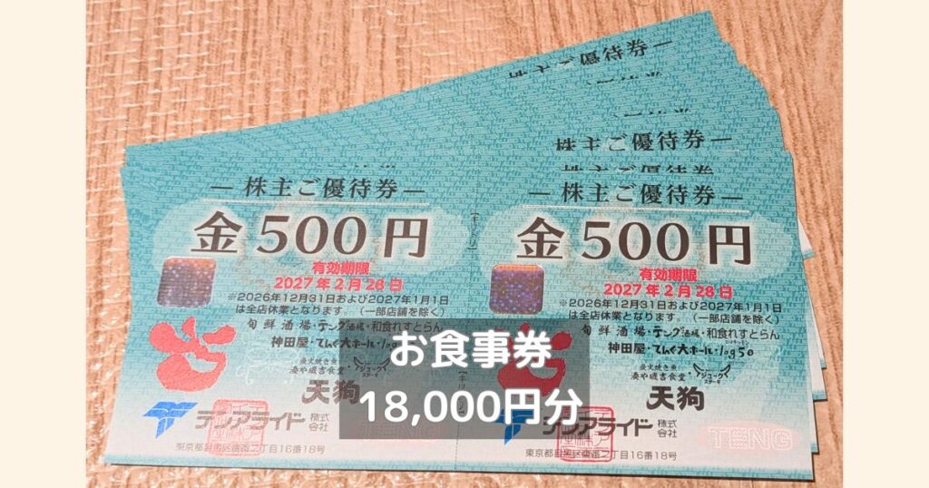 テンアライドの株主優待券18,000円分です。